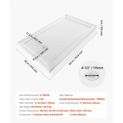 VEVOR Shower Pan, 60″ L x 36″ W Single Threshold Shower Base, Rectangle Acrylic & PVC Showering Base in White, Slip-Resistant Showering Pan Bases with Drain & Cover for Bathroom, Left Drain Location
