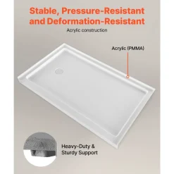 VEVOR Shower Pan, 60″ L x 36″ W Single Threshold Shower Base, Rectangle Acrylic & PVC Showering Base in White, Slip-Resistant Showering Pan Bases with Drain & Cover for Bathroom, Left Drain Location