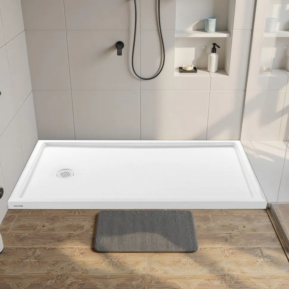 VEVOR Shower Pan, 60″ L x 36″ W Single Threshold Shower Base, Rectangle Acrylic & PVC Showering Base in White, Slip-Resistant Showering Pan Bases with Drain & Cover for Bathroom, Left Drain Location