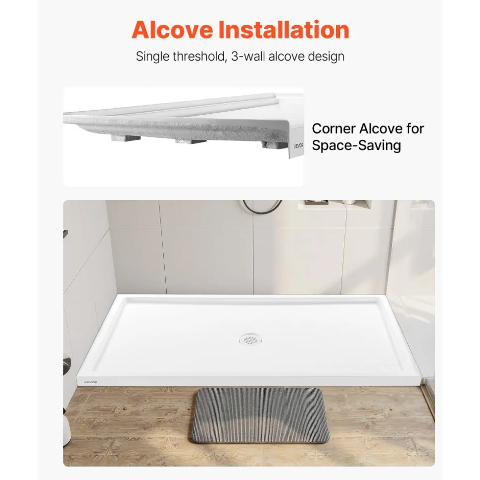 VEVOR Shower Pan, 60″ L x 32″ W Single Threshold Shower Base, Rectangle Acrylic & PVC Showering Base in White, Slip-Resistant Showering Pan Bases with Drain & Cover for Bathroom, Right Drain Location