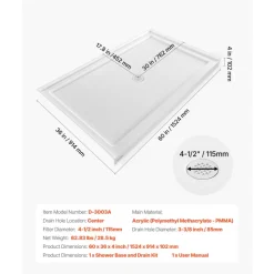 VEVOR Shower Pan, 60″ L x 32″ W Single Threshold Shower Base, Rectangle Acrylic & PVC Showering Base in White, Slip-Resistant Showering Pan Bases with Drain & Cover for Bathroom, Right Drain Location