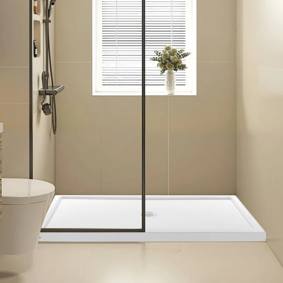 VEVOR Shower Pan, 60″ L x 32″ W Single Threshold Shower Base, Rectangle Acrylic & PVC Showering Base in White, Slip-Resistant Showering Pan Bases with Drain & Cover for Bathroom, Right Drain Location