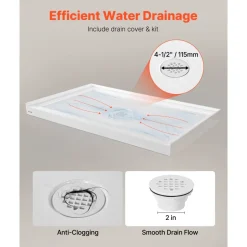 VEVOR Shower Pan, 60″ L x 32″ W Single Threshold Shower Base, Rectangle Acrylic & PVC Showering Base in White, Slip-Resistant Showering Pan Bases with Drain & Cover for Bathroom, Right Drain Location