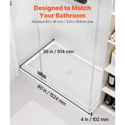 VEVOR Shower Pan, 60″ L x 32″ W Single Threshold Shower Base, Rectangle Acrylic & PVC Showering Base in White, Slip-Resistant Showering Pan Bases with Drain & Cover for Bathroom, Right Drain Location