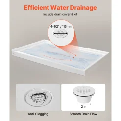VEVOR Shower Pan, 60″ L x 30″ W Single Threshold Shower Base, Rectangle Acrylic & PVC Showering Base in White, Slip-Resistant Showering Pan Bases with Drain & Cover for Bathroom, Left Drain Location