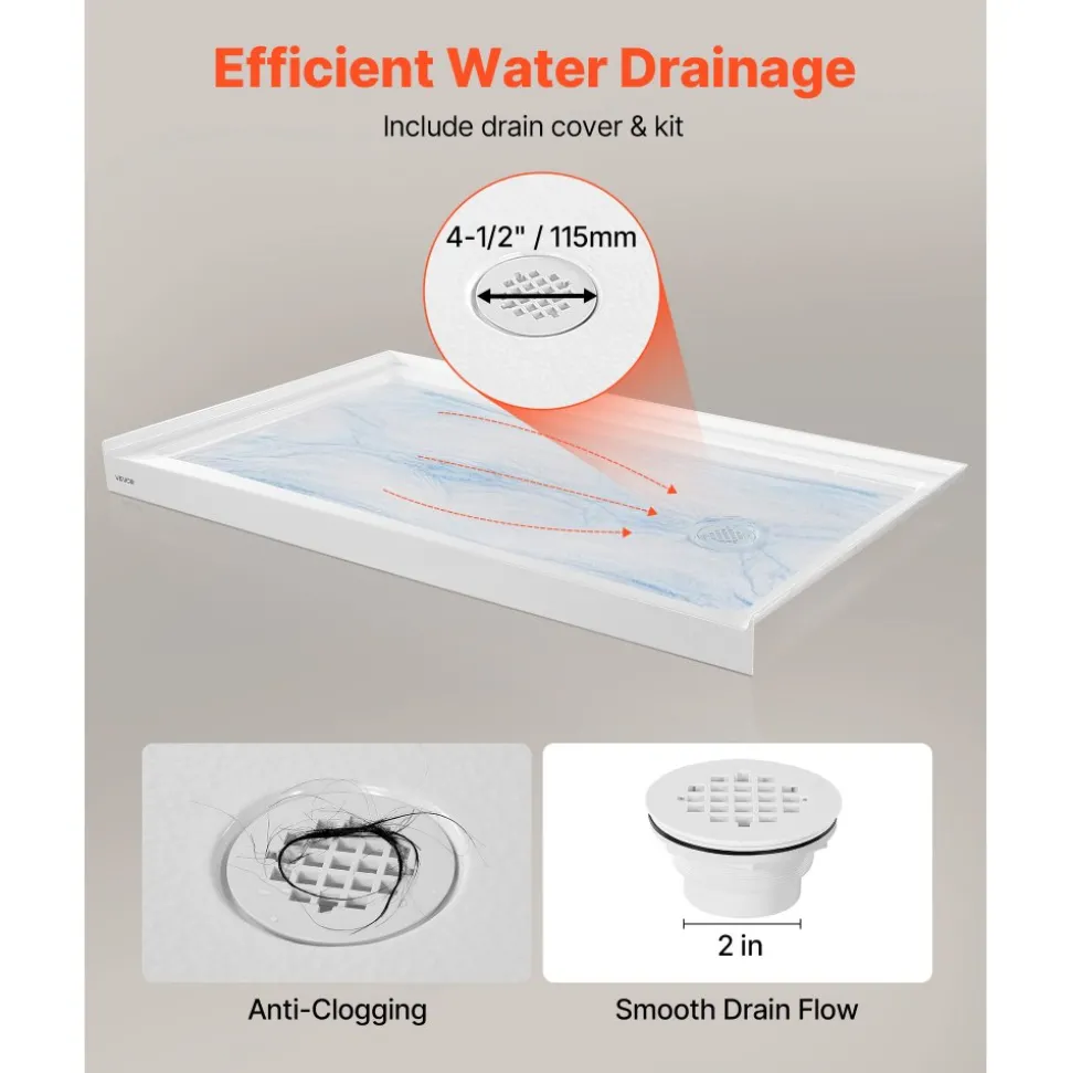 VEVOR Shower Pan, 60″ L x 30″ W Single Threshold Shower Base, Rectangle Acrylic & PVC Showering Base in White, Slip-Resistant Showering Pan Bases with Drain & Cover for Bathroom, Left Drain Location
