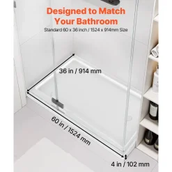VEVOR Shower Pan, 60″ L x 30″ W Single Threshold Shower Base, Rectangle Acrylic & PVC Showering Base in White, Slip-Resistant Showering Pan Bases with Drain & Cover for Bathroom, Left Drain Location