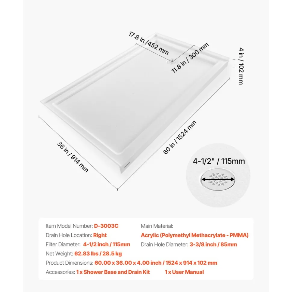 VEVOR Shower Pan, 60″ L x 30″ W Single Threshold Shower Base, Rectangle Acrylic & PVC Showering Base in White, Slip-Resistant Showering Pan Bases with Drain & Cover for Bathroom, Left Drain Location