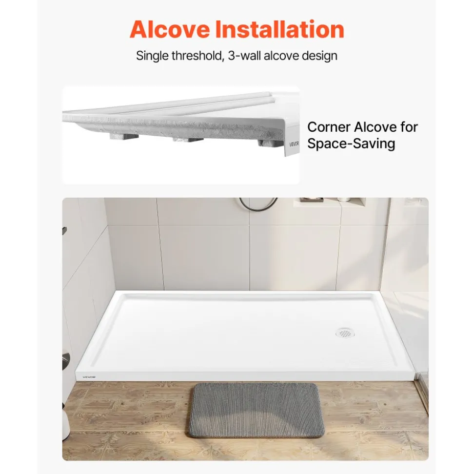 VEVOR Shower Pan, 60″ L x 30″ W Single Threshold Shower Base, Rectangle Acrylic & PVC Showering Base in White, Slip-Resistant Showering Pan Bases with Drain & Cover for Bathroom, Left Drain Location