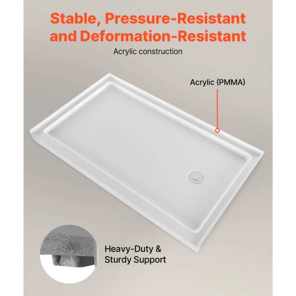 VEVOR Shower Pan, 60″ L x 30″ W Single Threshold Shower Base, Rectangle Acrylic & PVC Showering Base in White, Slip-Resistant Showering Pan Bases with Drain & Cover for Bathroom, Left Drain Location