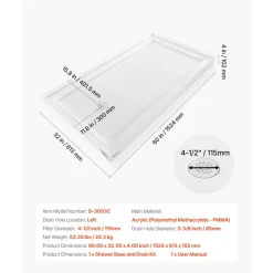 VEVOR Shower Pan, 60″ L x 32″ W Single Threshold Shower Base, Rectangle Acrylic & PVC Showering Base in White, Slip-Resistant Showering Pan Bases with Drain & Cover for Bathroom, Center Drain Location