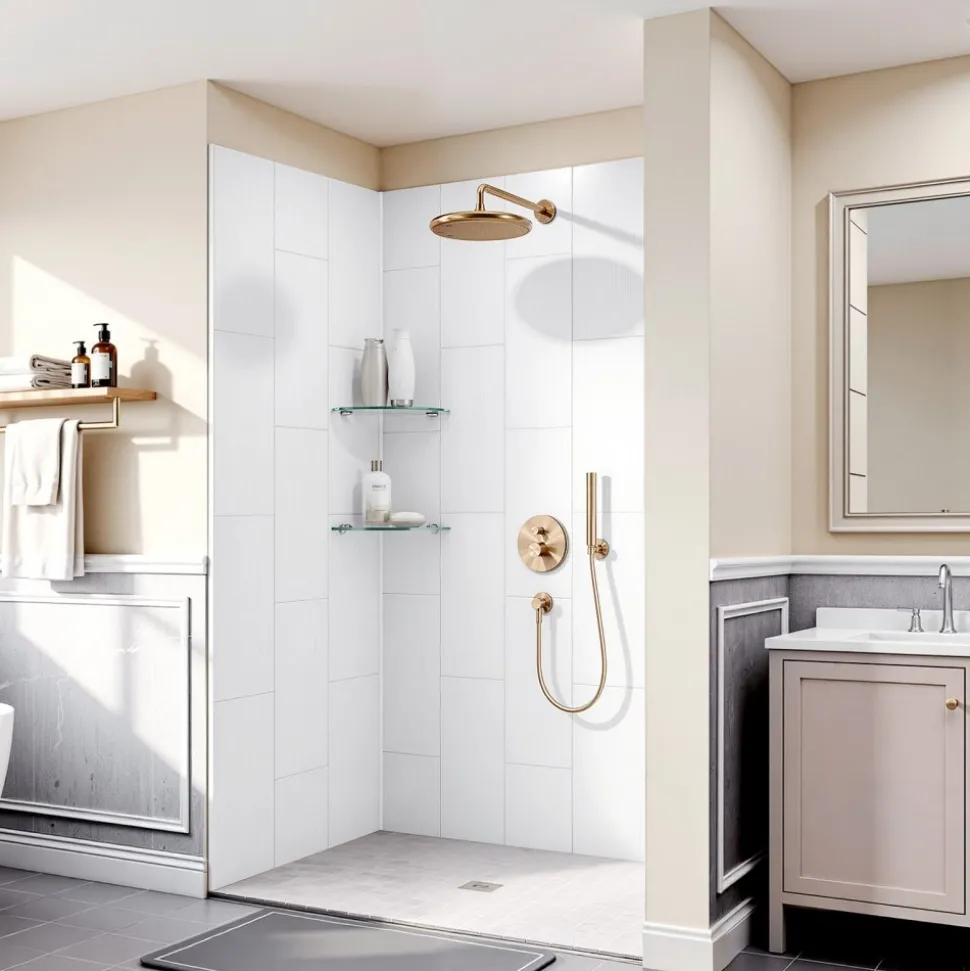 VEVOR Shower Wall Panels, 60" W x 36" D x 75" H, 0.14" (3.5 mm) Thick, 3-Panel Waterproof SMC Shower Surround Kit, Quick Install and Trimmable Bathroom Tub Wall Panel Surround Kit with 4 Glass Shelves
