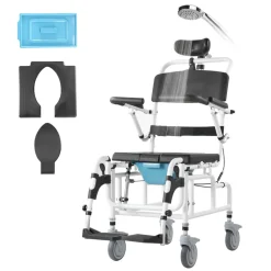 VEVOR Shower Wheelchair, 17.5in Width Aluminum Alloy Bathroom Wheelchair for Inside Shower, Adjustable Rolling Shower Chair w/ Brake for Disabled Adult, 300 lbs Capacity Shower Transport Chair