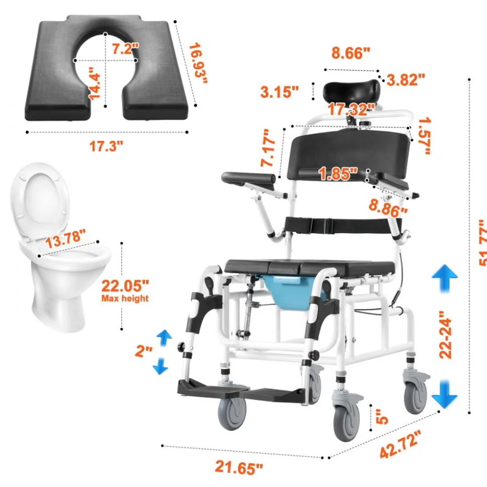 VEVOR Shower Wheelchair, 17.5in Width Aluminum Alloy Bathroom Wheelchair for Inside Shower, Adjustable Rolling Shower Chair w/ Brake for Disabled Adult, 300 lbs Capacity Shower Transport Chair
