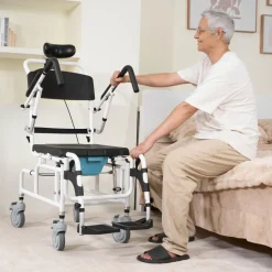 VEVOR Shower Wheelchair, 17.5in Width Aluminum Alloy Bathroom Wheelchair for Inside Shower, Adjustable Rolling Shower Chair w/ Brake for Disabled Adult, 300 lbs Capacity Shower Transport Chair