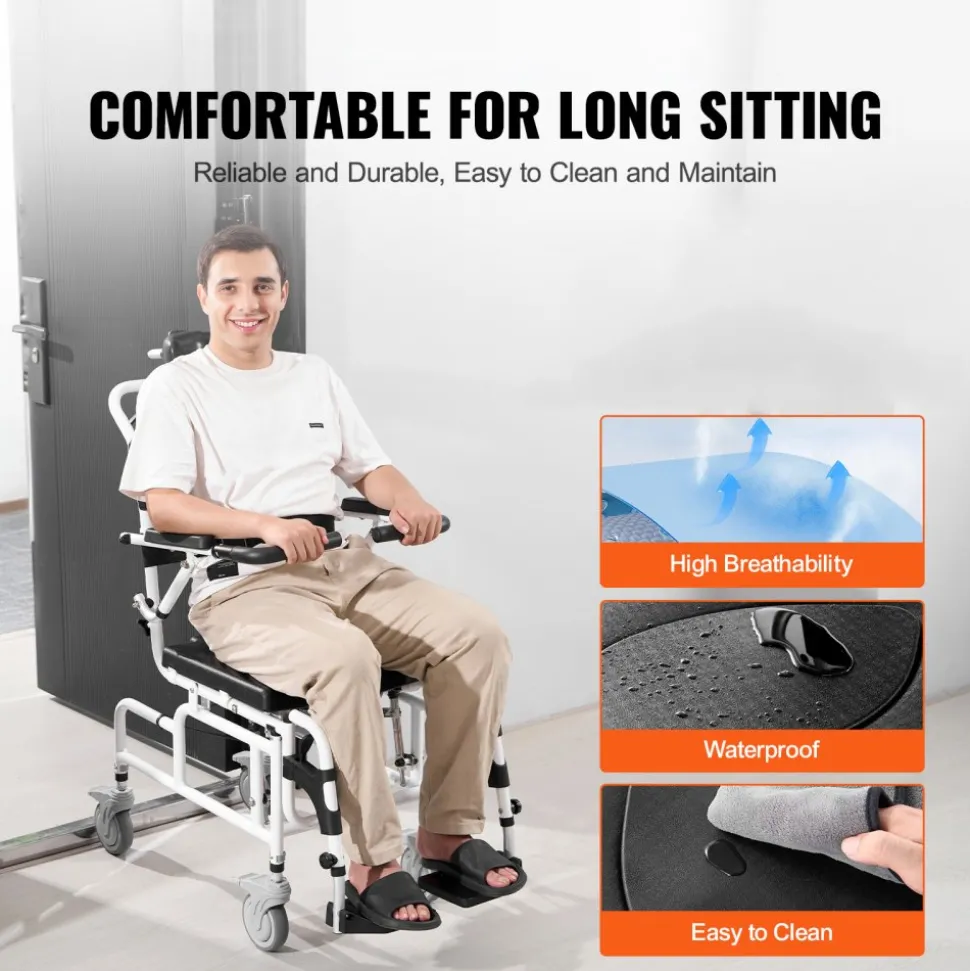 VEVOR Shower Wheelchair, 17.5in Width Aluminum Alloy Bathroom Wheelchair for Inside Shower, Adjustable Rolling Shower Chair w/ Brake for Disabled Adult, 300 lbs Capacity Shower Transport Chair