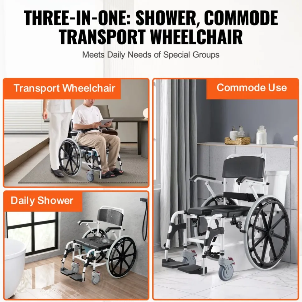 VEVOR Shower Wheelchair, 17.5in Width Aluminum Alloy Bathroom Wheelchair for Inside Shower, Adjustable Rolling Shower Chair w/ Brake for Disabled Adult, 300 lbs Capacity Shower Commode Transport Chair