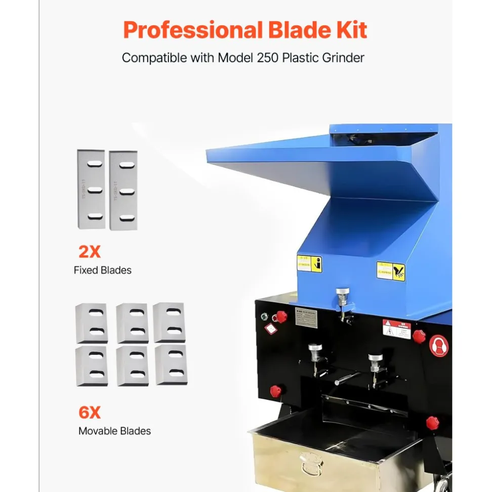 VEVOR Shredder Blades, Alloy Steel Shredder Machine Blade Kit with 6 Rotating and 2 Fixed Blades, High-Hardness SKD-11 Blade, Compatible with Model 250 Plastic Grinder, for ABS, PP, PVC & Nylon