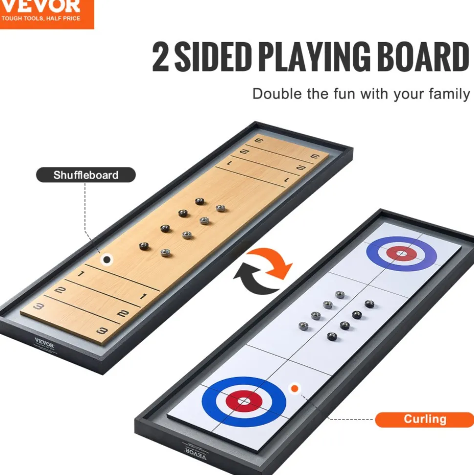 VEVOR Shuffleboard and Curling 2 in 1 Board Games, 45" Portable Tabletop Set, Two Sided Tabletop Shuffleboard with 8 Rolling Pucks, Shuffleboard and Curling Combo Game Set for Kids and Family