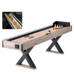 VEVOR Shuffleboard Table, 9 ft LED Light Up Shuffleboard for Family Game Room, 2 in 1 Shuffleboard and Bowling Combo Game Set, with Scratch-Resistant Playfield, Legs, 8 Pucks, Bowling Set, Wax, Brush