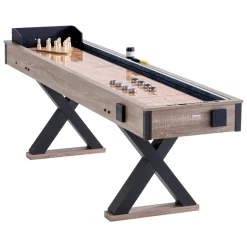 VEVOR Shuffleboard Table, 9 ft LED Light Up Shuffleboard for Family Game Room, 2 in 1 Shuffleboard and Bowling Combo Game Set, with Scratch-Resistant Playfield, Legs, 8 Pucks, Bowling Set, Wax, Brush