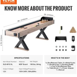 VEVOR Shuffleboard Table, 9 ft LED Light Up Shuffleboard for Family Game Room, 2 in 1 Shuffleboard and Bowling Combo Game Set, with Scratch-Resistant Playfield, Legs, 8 Pucks, Bowling Set, Wax, Brush