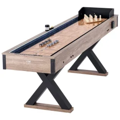 VEVOR Shuffleboard Table, 9 ft LED Light Up Shuffleboard for Family Game Room, 2 in 1 Shuffleboard and Bowling Combo Game Set, with Scratch-Resistant Playfield, Legs, 8 Pucks, Bowling Set, Wax, Brush