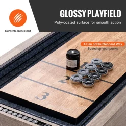 VEVOR Shuffleboard Table, 9 ft LED Light Up Shuffleboard for Family Game Room, 2 in 1 Shuffleboard and Bowling Combo Game Set, with Scratch-Resistant Playfield, Legs, 8 Pucks, Bowling Set, Wax, Brush