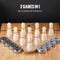 VEVOR Shuffleboard Table, 11.5 ft Shuffleboard for Family Game Rooms, 2 in 1 Shuffleboard and Bowling Combo Game Set, with Scratch-Resistant Playfield, Legs, 8 Pucks, Bowling Set, Wax, and Table Brush