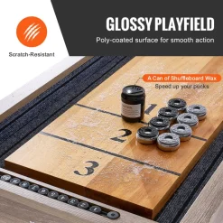 VEVOR Shuffleboard Table, 11.5 ft Shuffleboard for Family Game Rooms, 2 in 1 Shuffleboard and Bowling Combo Game Set, with Scratch-Resistant Playfield, Legs, 8 Pucks, Bowling Set, Wax, and Table Brush