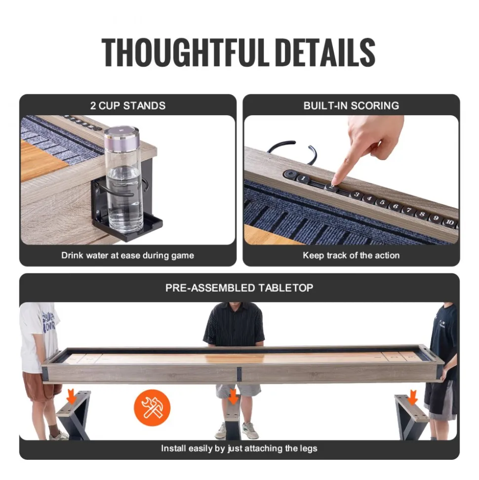 VEVOR Shuffleboard Table, 11.5 ft Shuffleboard for Family Game Rooms, 2 in 1 Shuffleboard and Bowling Combo Game Set, with Scratch-Resistant Playfield, Legs, 8 Pucks, Bowling Set, Wax, and Table Brush