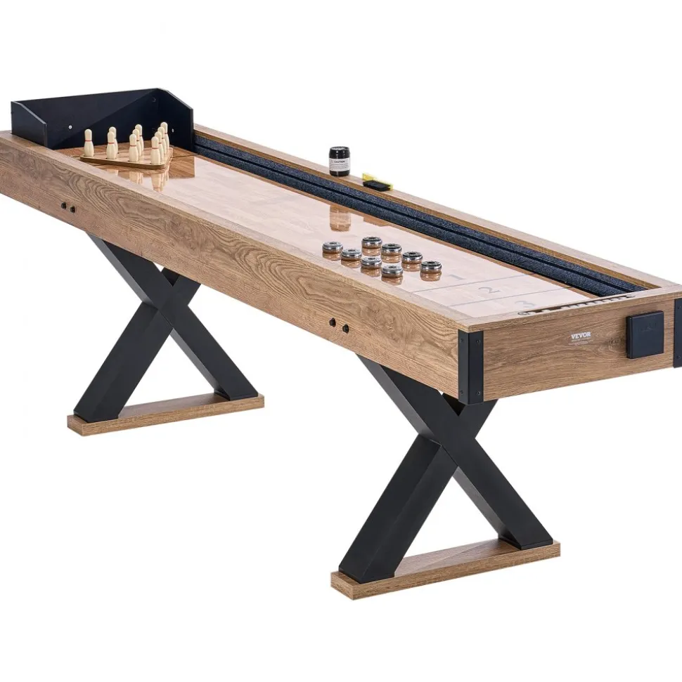 VEVOR Shuffleboard Table, 9 ft Shuffleboard for Family Game Rooms, 2 in 1 Shuffleboard and Bowling Combo Game Set, with Scratch-Resistant Playfield, Legs, 8 Pucks, Bowling Set, Wax, and Table Brush
