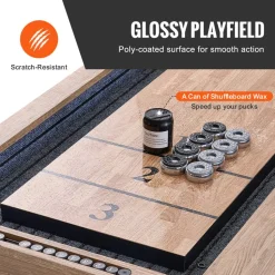 VEVOR Shuffleboard Table, 9 ft Shuffleboard for Family Game Rooms, 2 in 1 Shuffleboard and Bowling Combo Game Set, with Scratch-Resistant Playfield, Legs, 8 Pucks, Bowling Set, Wax, and Table Brush