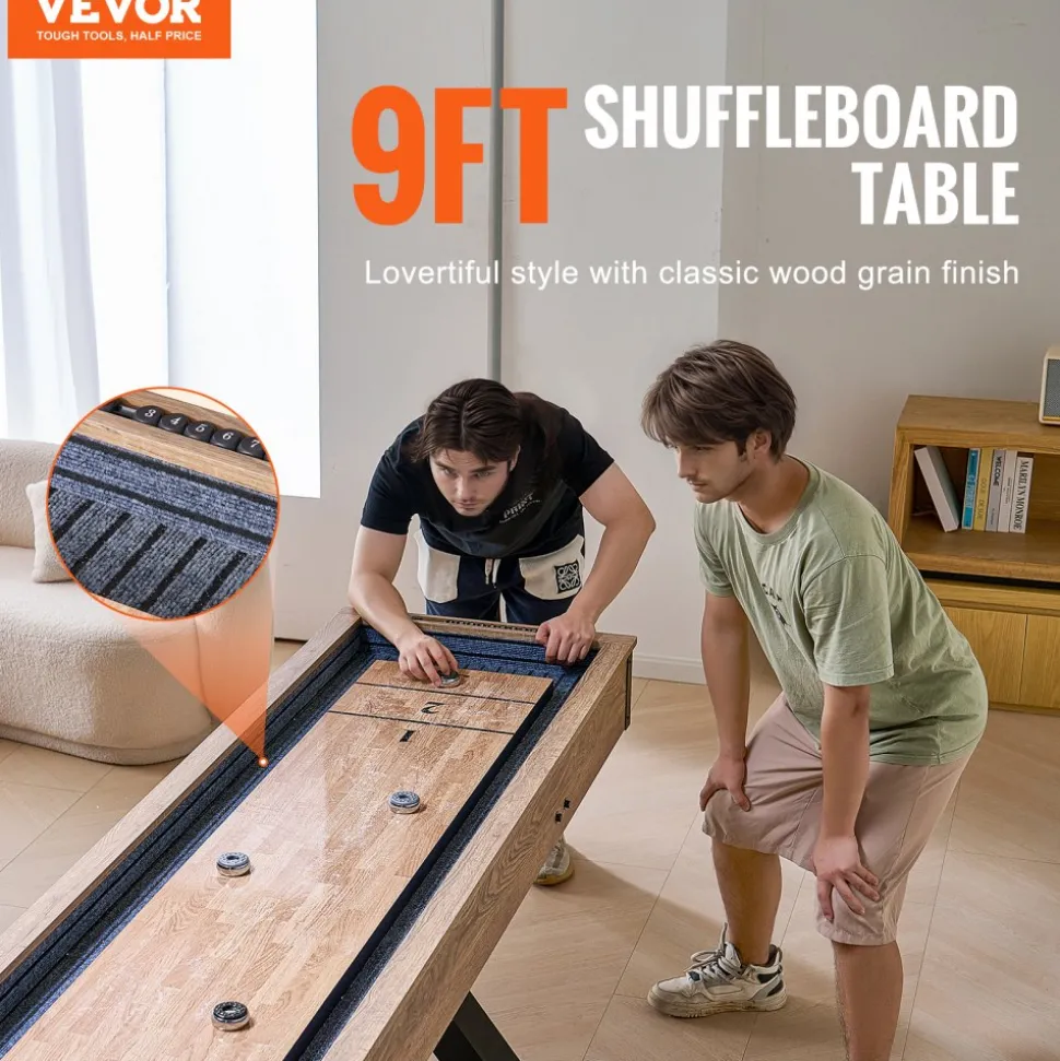 VEVOR Shuffleboard Table, 9 ft Shuffleboard for Family Game Rooms, 2 in 1 Shuffleboard and Bowling Combo Game Set, with Scratch-Resistant Playfield, Legs, 8 Pucks, Bowling Set, Wax, and Table Brush