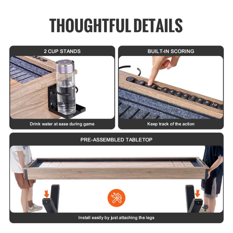 VEVOR Shuffleboard Table, 9 ft Shuffleboard for Family Game Rooms, 2 in 1 Shuffleboard and Bowling Combo Game Set, with Scratch-Resistant Playfield, Legs, 8 Pucks, Bowling Set, Wax, and Table Brush