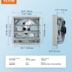 VEVOR 16'' Shutter Exhaust Fan, High-speed 2000 CFM, Aluminum Wall Mount Attic Fan with AC-motor, Ventilation and Cooling for Greenhouses, Garages, Sheds, Shops, FCC