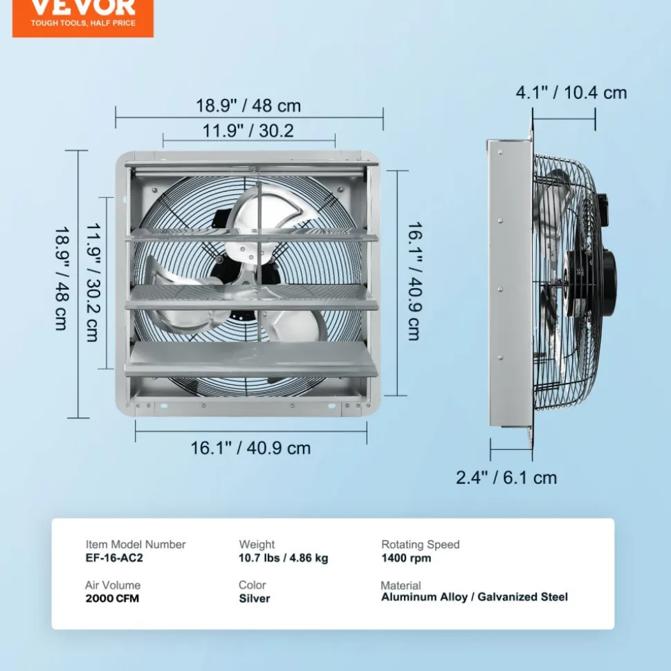 VEVOR 16'' Shutter Exhaust Fan, High-speed 2000 CFM, Aluminum Wall Mount Attic Fan with AC-motor, Ventilation and Cooling for Greenhouses, Garages, Sheds, Shops, FCC