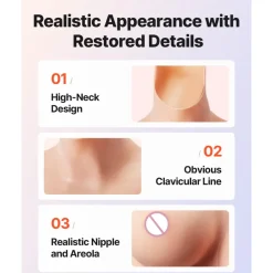 VEVOR Silicone Bodysuit, D-Cup Silicone Breastplate for Crossdressers, Realistic Silk Cotton-Filled Fake Boobs Breast Forms for Transgender Cosplay Drag Queen, Nude