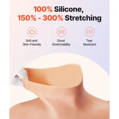 VEVOR Silicone Bodysuit, D-Cup Silicone Breastplate for Crossdressers, Realistic Silk Cotton-Filled Fake Boobs Breast Forms for Transgender Cosplay Drag Queen, Nude