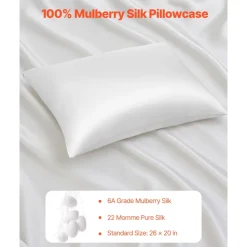 VEVOR Silk Pillowcase, 100% Pure Mulberry Silk Pillow Case, 26 in x 20 in Standard Silky Pillow Case for Hair and Skin, Smooth, Soft and Breathable Pillowcase with Hidden Zipper, for Sleeping (White)