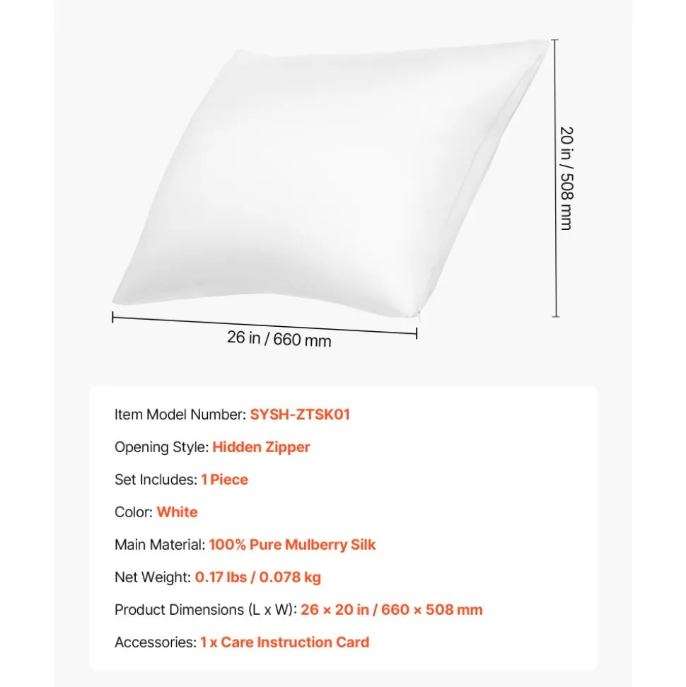 VEVOR Silk Pillowcase, 100% Pure Mulberry Silk Pillow Case, 26 in x 20 in Standard Silky Pillow Case for Hair and Skin, Smooth, Soft and Breathable Pillowcase with Hidden Zipper, for Sleeping (White)