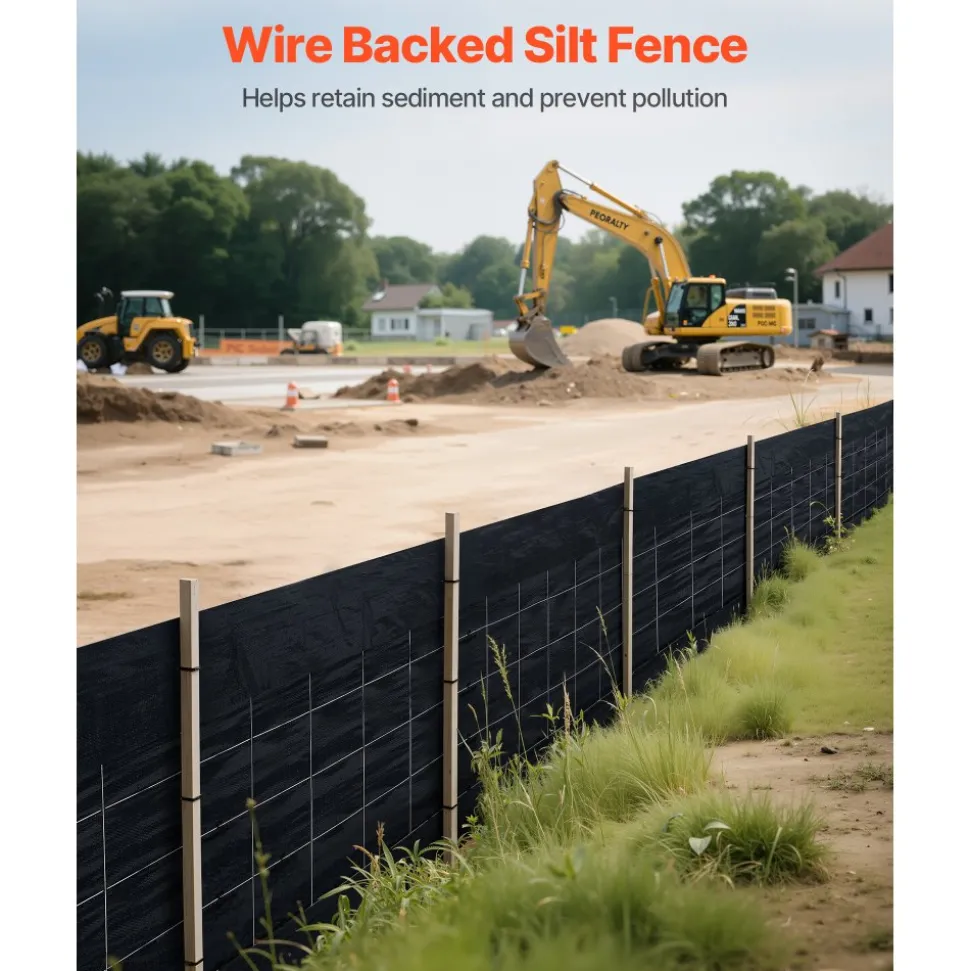 VEVOR Silt Fence Fabric Roll, 2 x 100 ft Backed Wire Silt Fence, Erosion Control Fencing for Sediment Retention, Industrial Grade Temporary Tough Polypropylene Fabric for Construction Job Sites