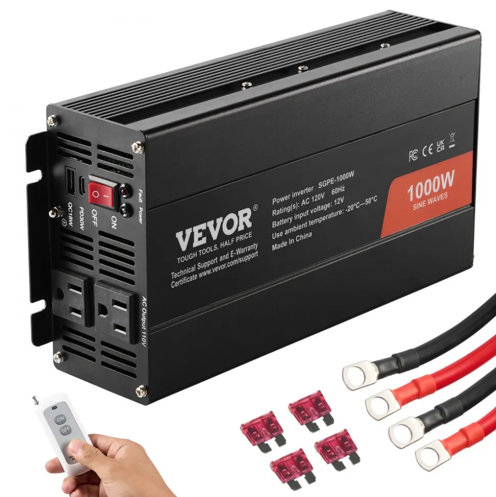 VEVOR Sine Wave Converter, 1000W, DC 12V to AC 120V, with Dual AC Sockets, 1 USB, 1 Type-C, Remote Operation for Portable Electronics, CE FCC Approved