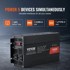 VEVOR Sine Wave Converter, 1000W, DC 12V to AC 120V, with Dual AC Sockets, 1 USB, 1 Type-C, Remote Operation for Portable Electronics, CE FCC Approved