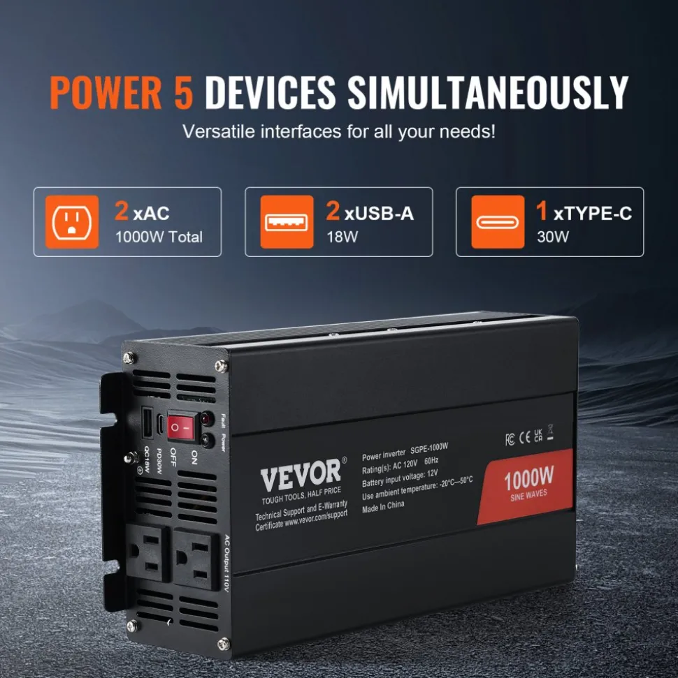 VEVOR Sine Wave Converter, 1000W, DC 12V to AC 120V, with Dual AC Sockets, 1 USB, 1 Type-C, Remote Operation for Portable Electronics, CE FCC Approved