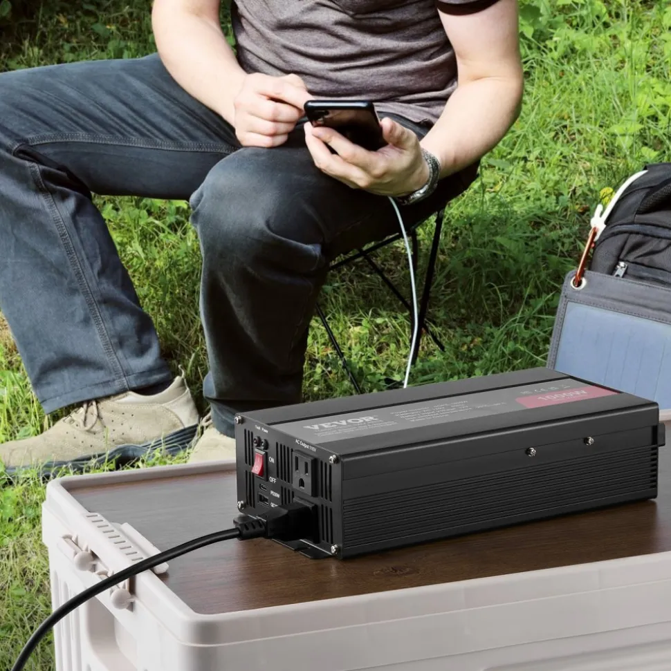 VEVOR Sine Wave Converter, 1000W, DC 12V to AC 120V, with Dual AC Sockets, 1 USB, 1 Type-C, Remote Operation for Portable Electronics, CE FCC Approved