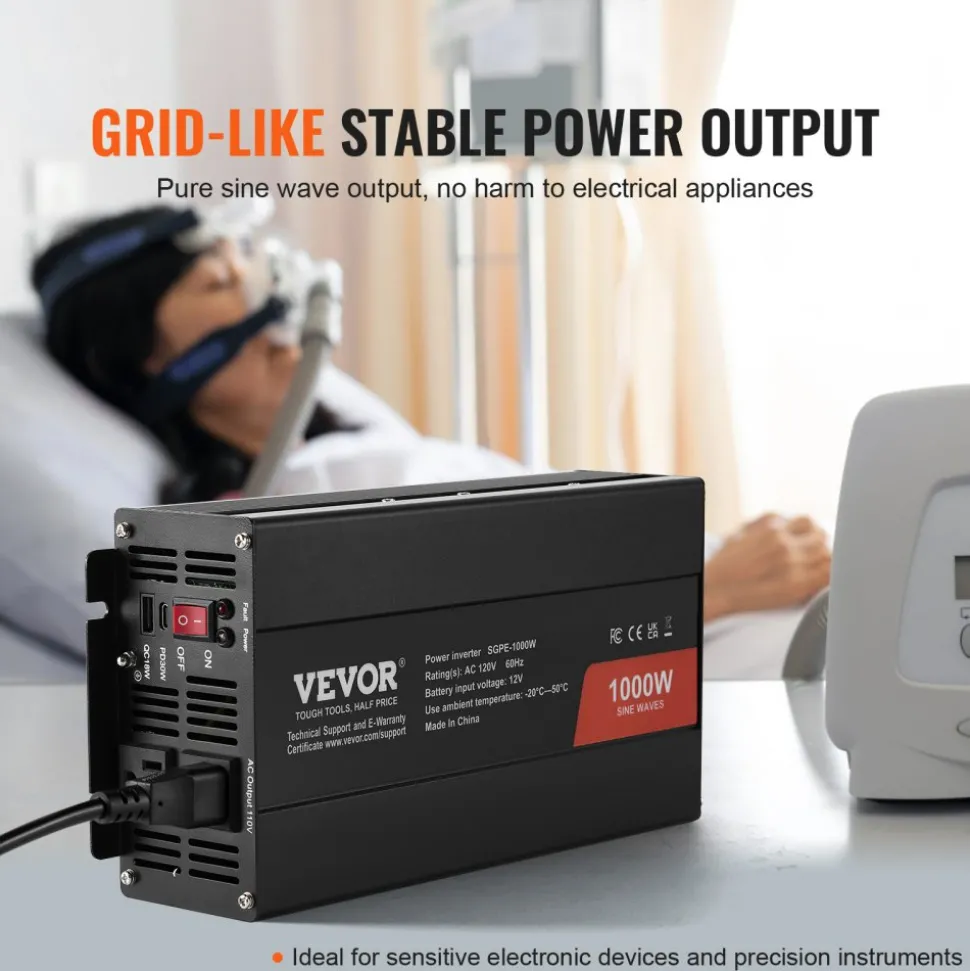 VEVOR Sine Wave Converter, 1000W, DC 12V to AC 120V, with Dual AC Sockets, 1 USB, 1 Type-C, Remote Operation for Portable Electronics, CE FCC Approved