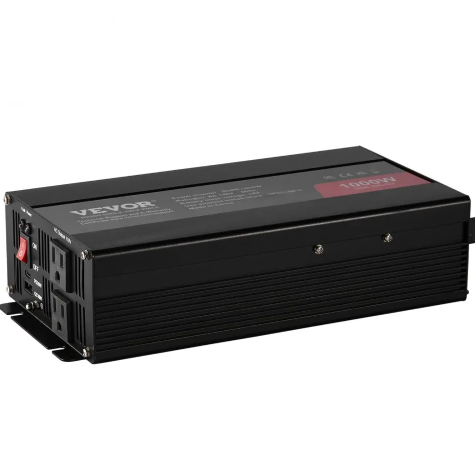 VEVOR Sine Wave Converter, 1000W, DC 12V to AC 120V, with Dual AC Sockets, 1 USB, 1 Type-C, Remote Operation for Portable Electronics, CE FCC Approved