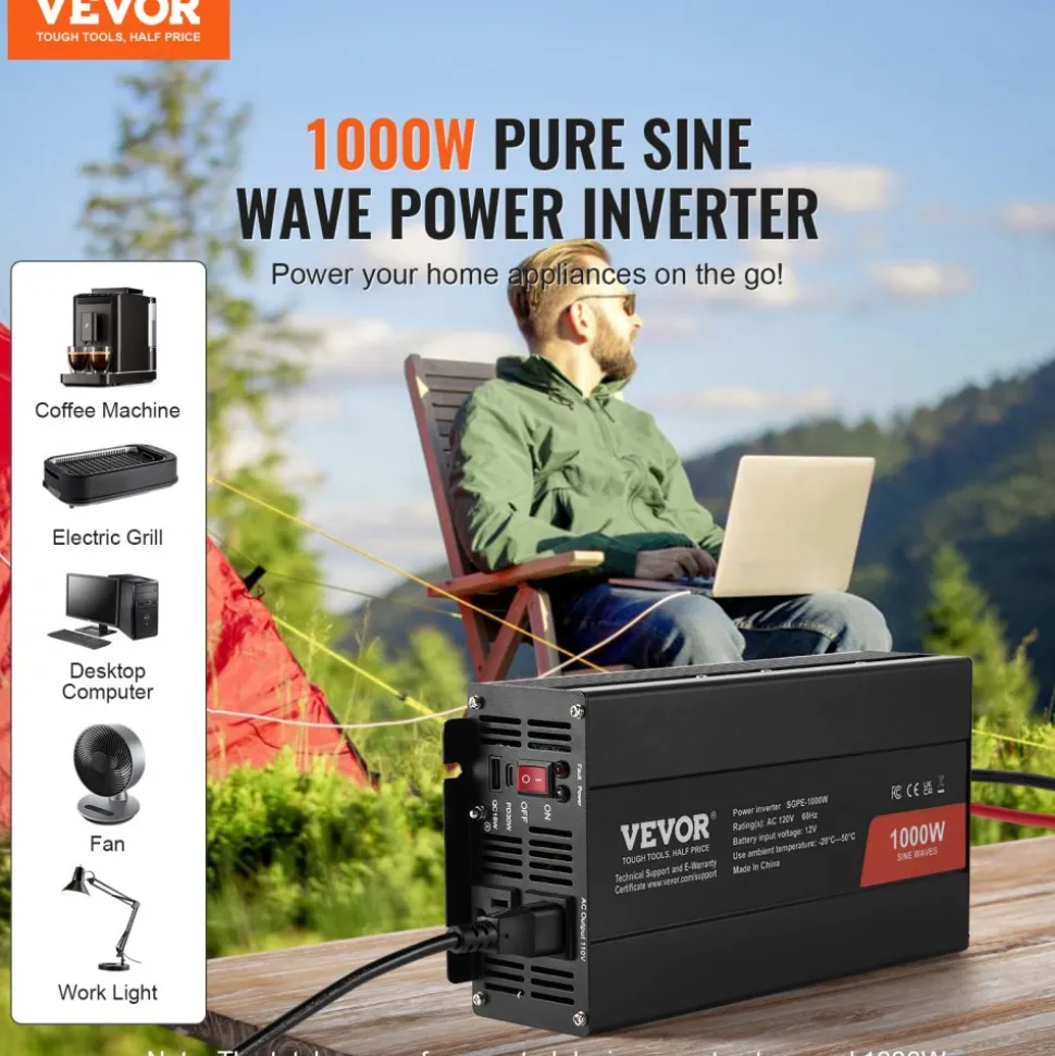 VEVOR Sine Wave Converter, 1000W, DC 12V to AC 120V, with Dual AC Sockets, 1 USB, 1 Type-C, Remote Operation for Portable Electronics, CE FCC Approved