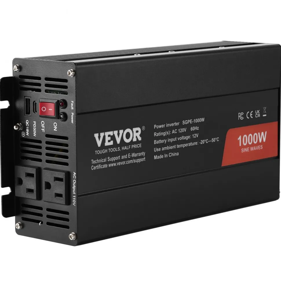 VEVOR Sine Wave Converter, 1000W, DC 12V to AC 120V, with Dual AC Sockets, 1 USB, 1 Type-C, Remote Operation for Portable Electronics, CE FCC Approved
